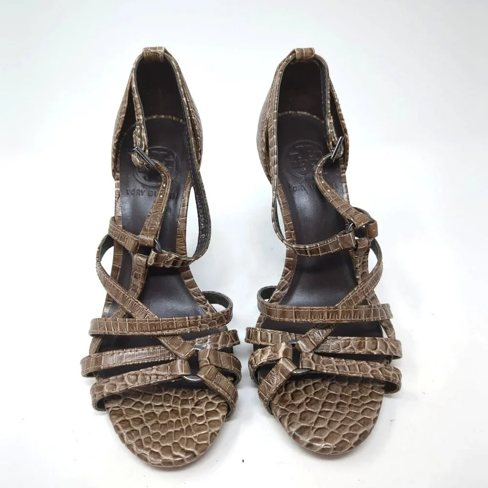 Tory Burch High Heels 6 Brown Strappy Open Toe Croc Embossed Leather - Picture 2 of 10
